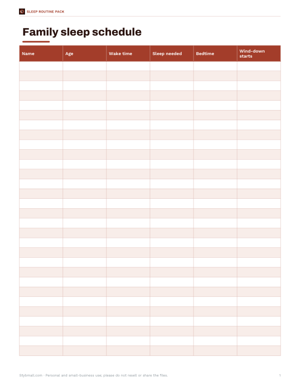 Preview of Printable Family Sleep Schedule