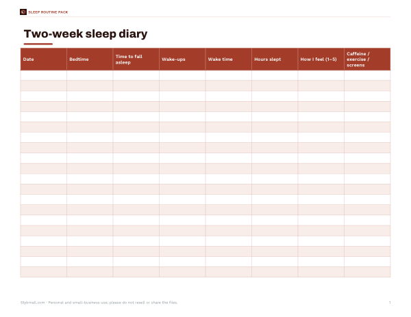 Preview of Printable Two-Week Sleep Diary